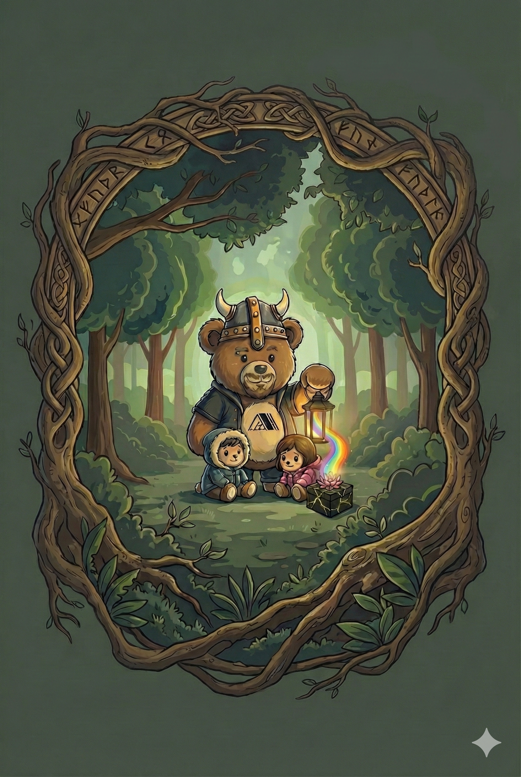 Beer en kinderen in een magisch bos